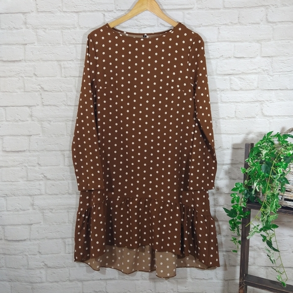 OYE Cute Brown Polkadot Casual Retro Boho Loose Fit Swing Long Sleeve Dress NWT - Picture 3 of 10